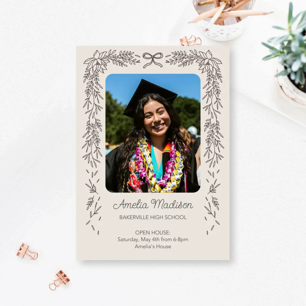 5x7 Single Sided Flat Card - GRAD (Bow & Flower Frame)